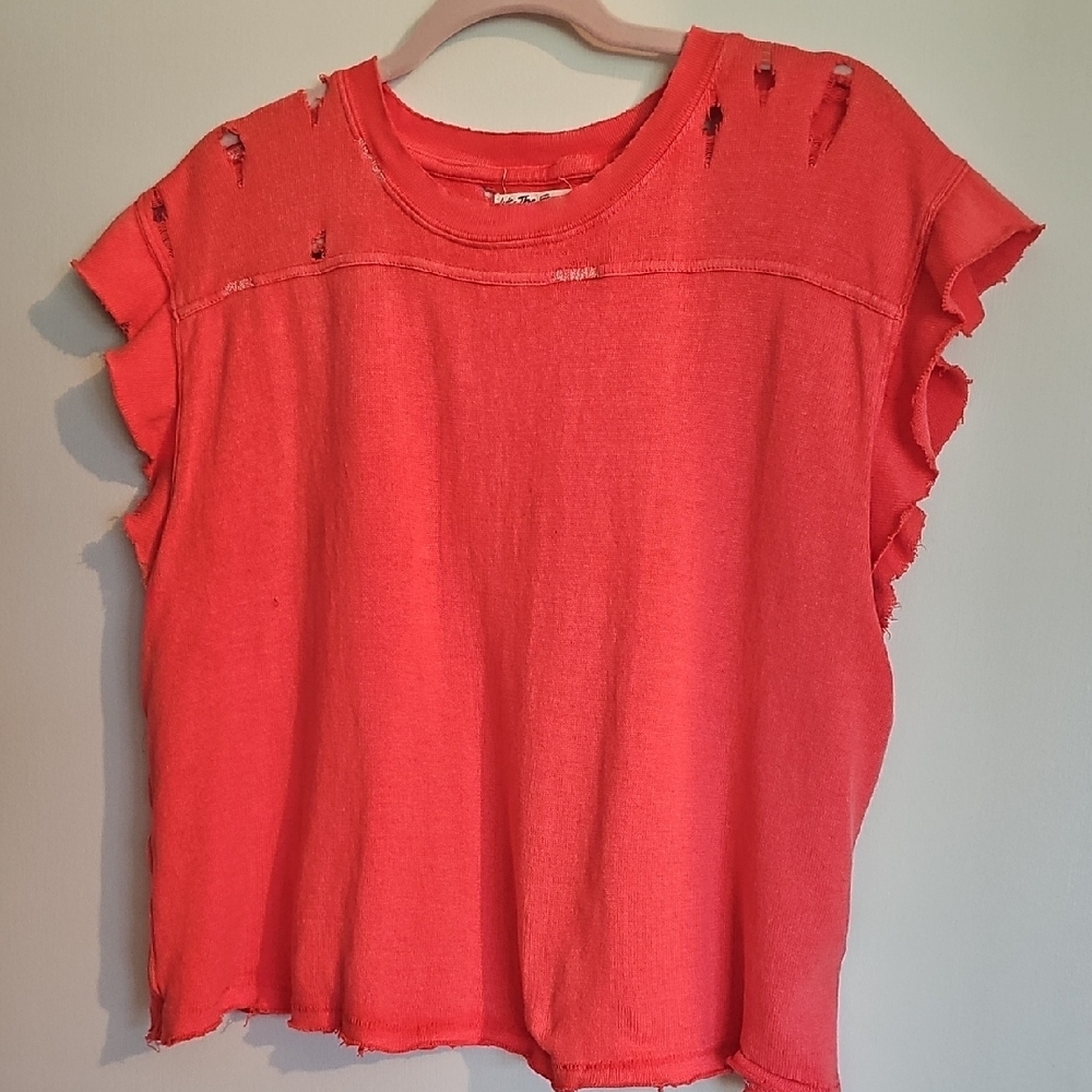 We The Free Hot Pink Warrior Tee W A Few Holes Up Top & Flutter Sleeves Boxy Fit